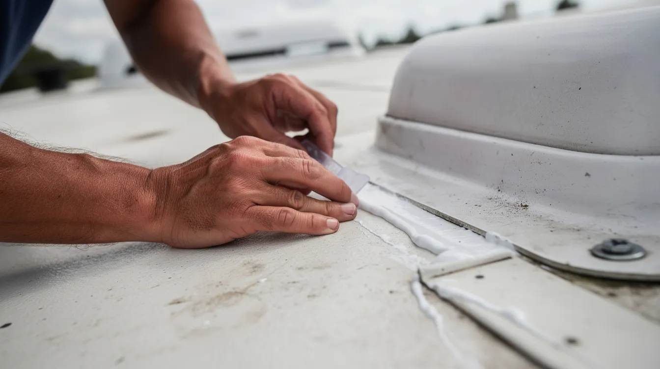 A technician's hands are shown closely inspecting the sealant around an RV rooftop vent, highlighting the importance of routine maintenance and RV inspections for RV owners. The technician uses tools to ensure proper sealing, which is crucial for preventing leaks and maintaining the camper's integrity.