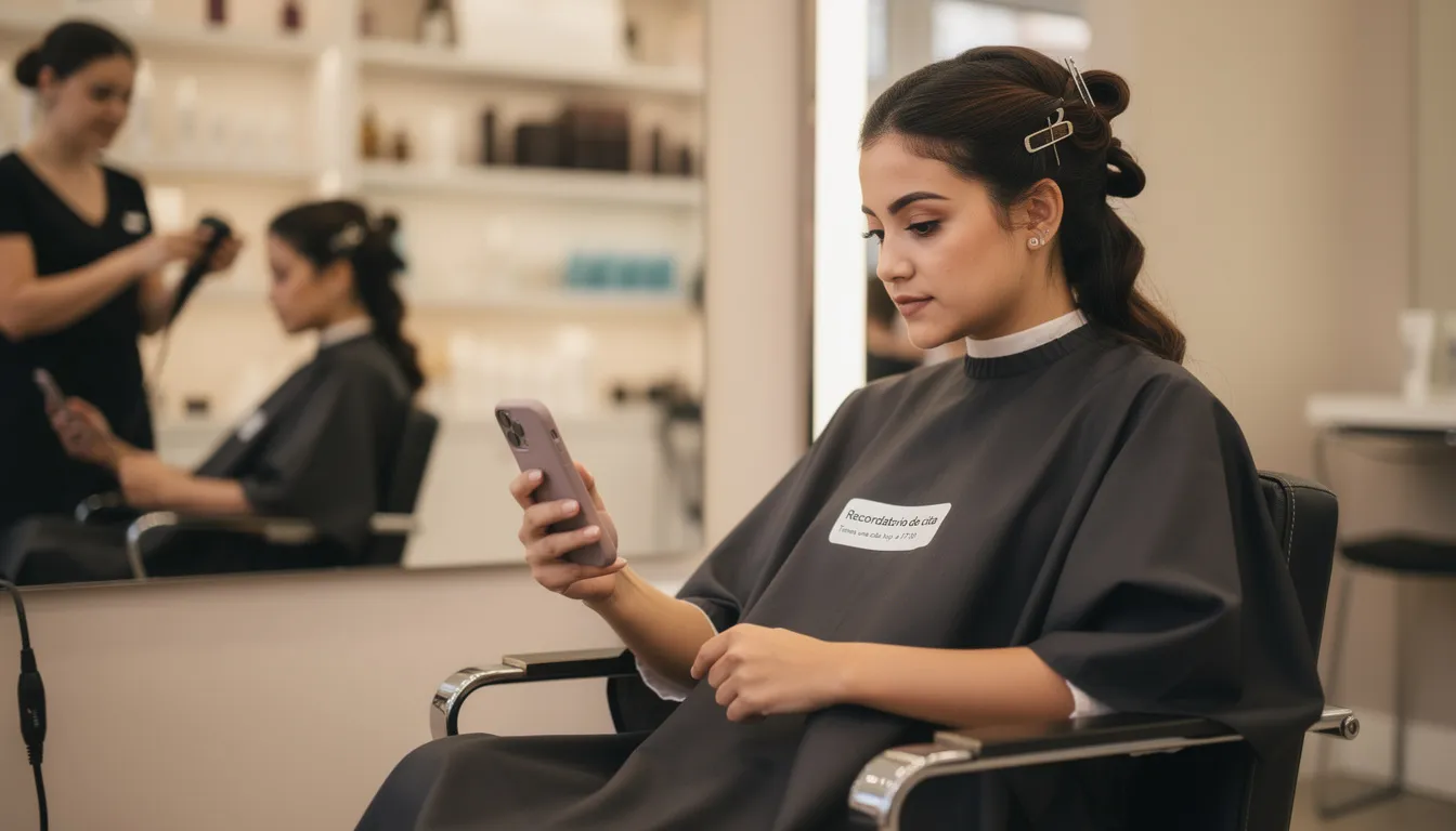 Una persona está sentada en un salón de belleza, mirando su teléfono móvil mientras recibe un mensaje de recordatorio de cita a través de WhatsApp. Este tipo de automatización con WhatsApp permite a las empresas enviar mensajes de manera eficiente y mejorar la experiencia del cliente.