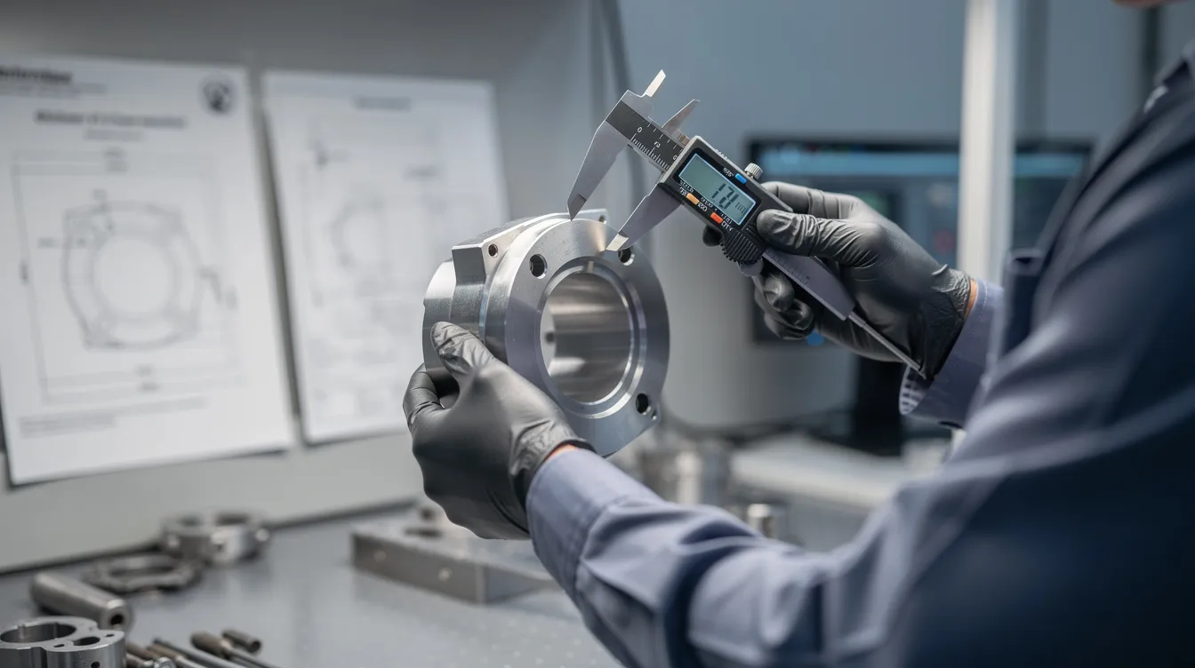 An engineer is carefully inspecting a precision metal part using calipers at a quality control station, ensuring it meets the required quality standards for consistent quality in manufacturing processes. This meticulous examination is crucial for sourcing CNC parts used in various industries, such as medical devices and automotive.