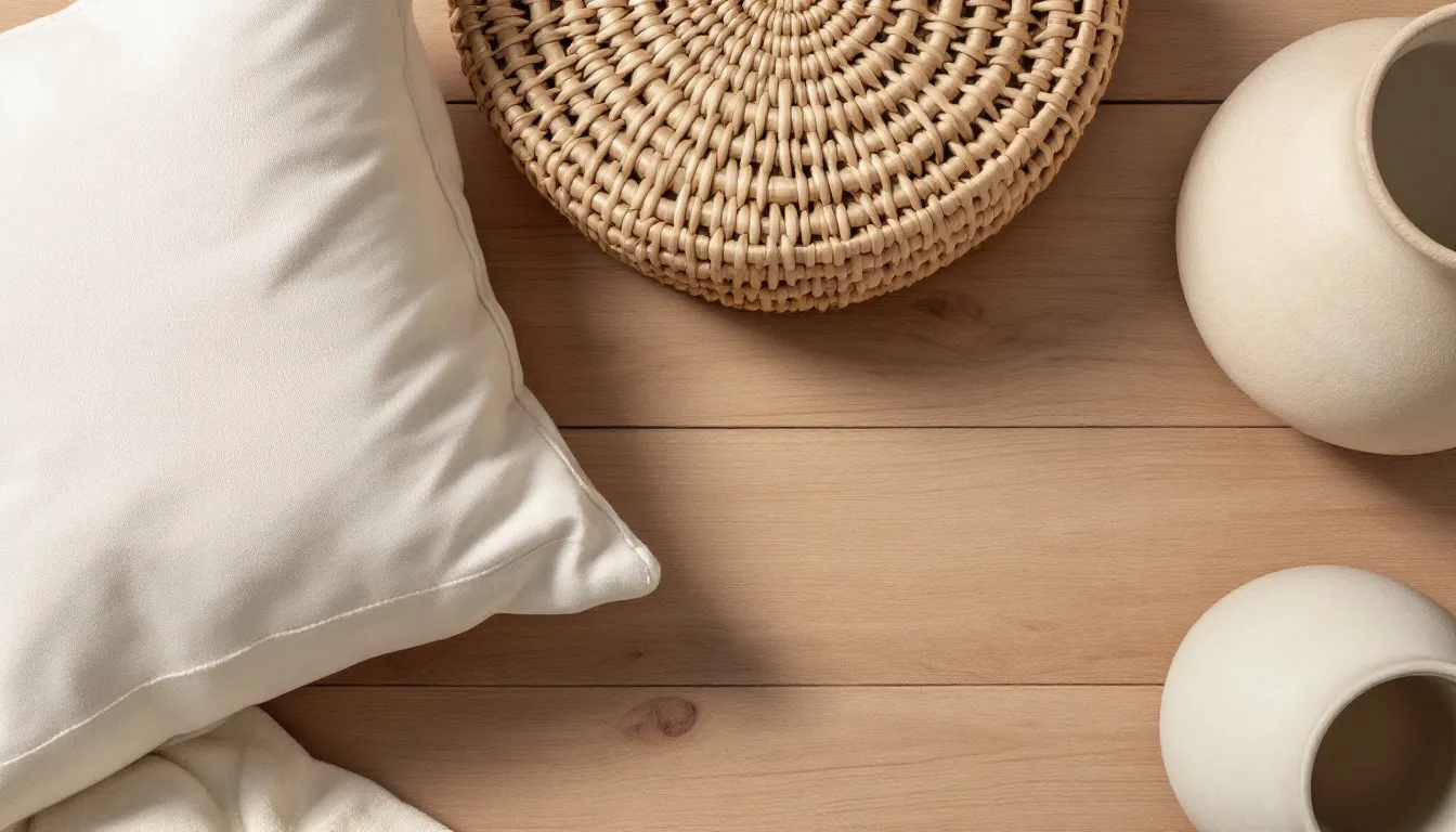 A close-up image showcases layered textures, featuring soft linen pillows, intricately woven baskets, and smooth ceramic vessels, all arranged on a natural wood surface, creating a cozy and inviting atmosphere perfect for a California casual fall aesthetic. The combination of elements reflects a stylish blend of comfort and design inspiration for home decor.