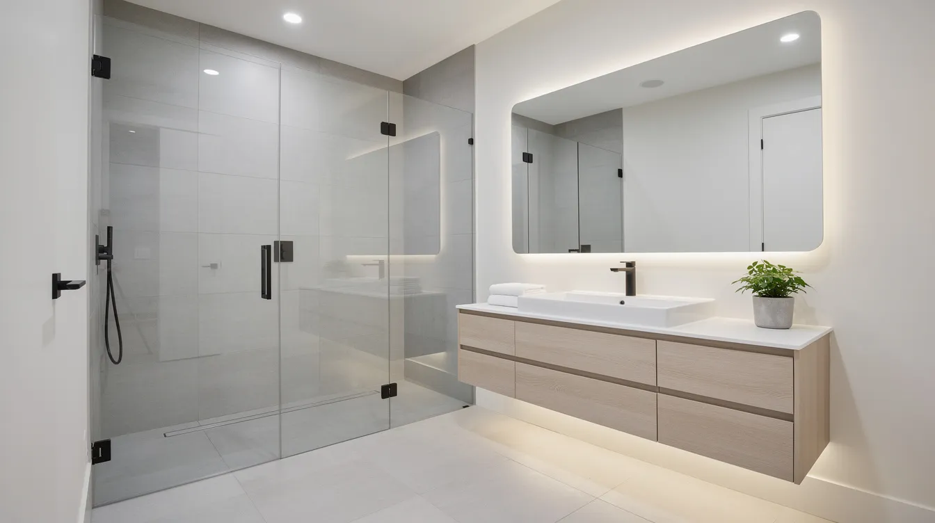 The image features a modern bathroom remodel showcasing a spacious walk-in shower and a sleek floating vanity. The stylish decor includes white tile walls and contemporary fixtures, creating a clean and inviting atmosphere.