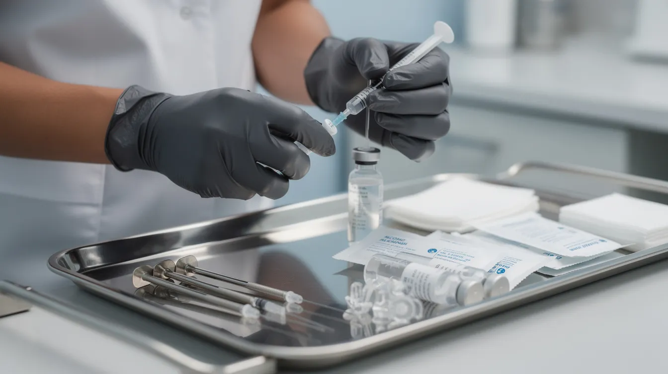 The image shows a close-up of a medical provider meticulously preparing sterile injectable treatment supplies for a non-surgical butt lift procedure, such as Sculptra or other dermal fillers, aimed at stimulating the body's natural collagen production for enhanced body shape and volume in the gluteal area. The setup reflects a professional environment focused on achieving optimal results with minimal downtime for patients.
