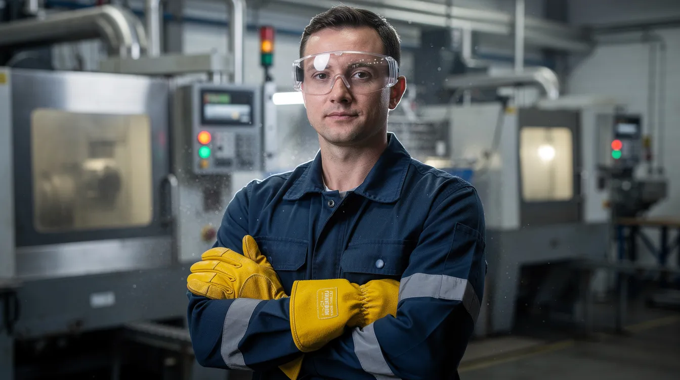 A worker is seen wearing protective gloves and safety goggles in an industrial setting, emphasizing the importance of personal protective equipment to prevent chemical exposure and injuries from hazardous substances. This image highlights the need for safety training and adherence to health regulations to protect employees from serious injuries and chemical risks.