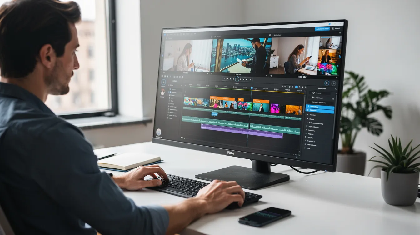 A marketing professional is intently reviewing short video clips on a large monitor, with a timeline editor visible on the screen, highlighting the video editing process essential for effective podcast production services. This scene reflects the meticulous work involved in crafting engaging video podcasts that enhance audience growth and marketing strategy. A marketing professional is intently reviewing short video clips on a large monitor, with a timeline editor visible on the screen, highlighting the video editing process essential for effective podcast production services. This scene reflects the meticulous work involved in crafting engaging video podcasts that enhance audience growth and marketing strategy.