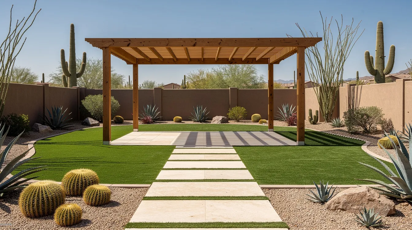 The image depicts an Arizona backyard featuring a pergola providing shade over vibrant green artificial turf, complemented by stepping stone pavers and various desert plants. This low maintenance outdoor space showcases high quality synthetic turf that can withstand heavy foot traffic while offering a lush, inviting environment.