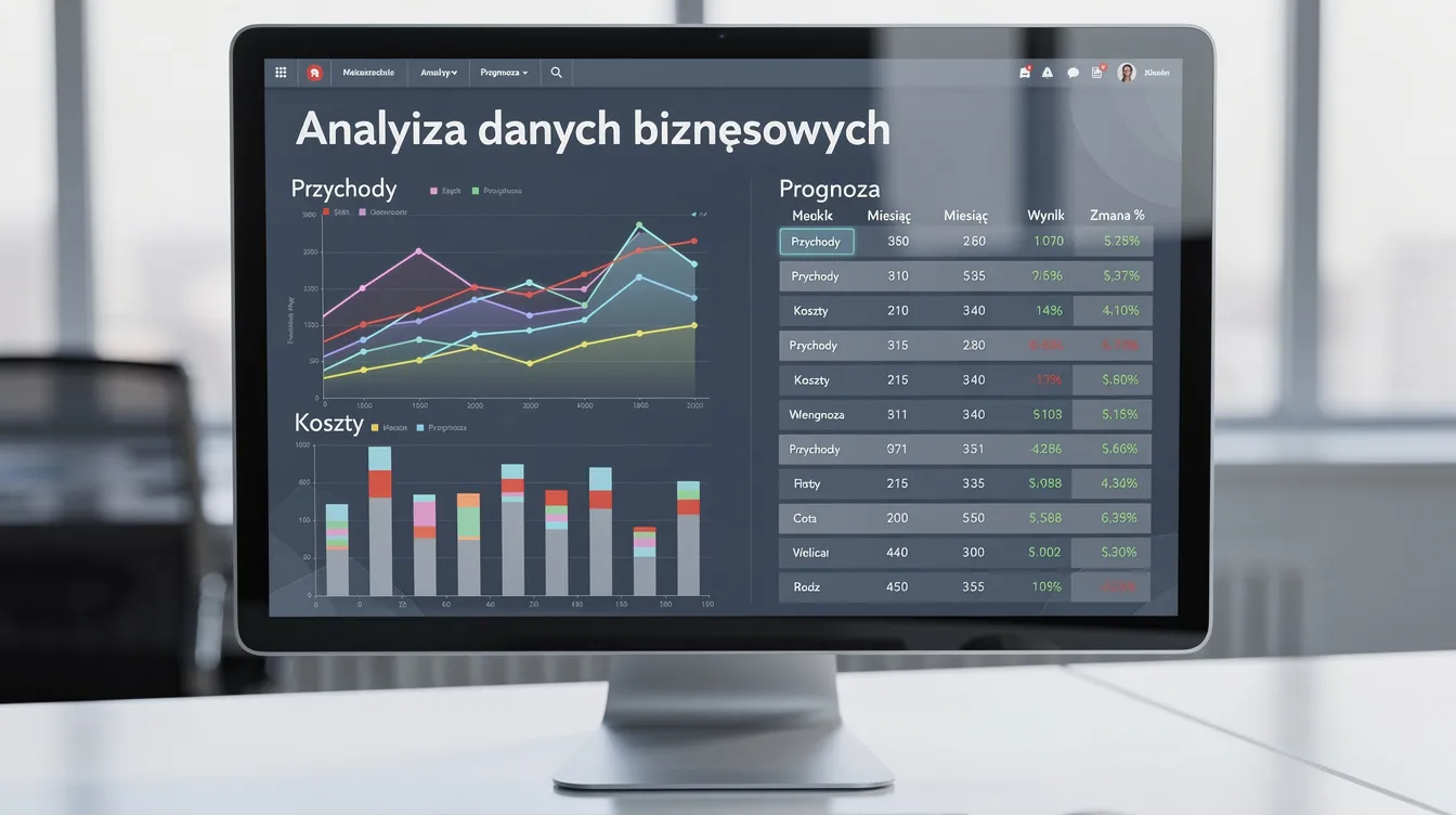 Na ekranie komputera znajdują się wykresy i tabele przedstawiające dane biznesowe, które mogą pomóc w procesie pozyskiwania klientów. Wizualizacje te ilustrują skuteczne metody pozyskiwania nowych klientów oraz analizują potrzeby obecnych klientów w kontekście marketingu.