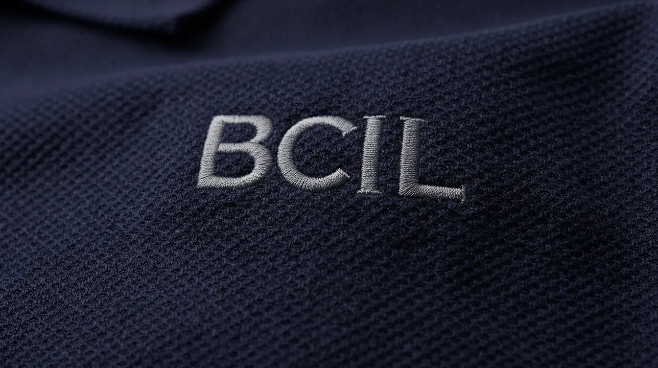 A close-up view of a navy structured piqué polo shirt showcases a cleanly embroidered company logo, highlighting the crisp stitch detail and the fabric's unique texture. This classic fit polo is perfect for business casual settings or everyday wear, combining both style and comfort.