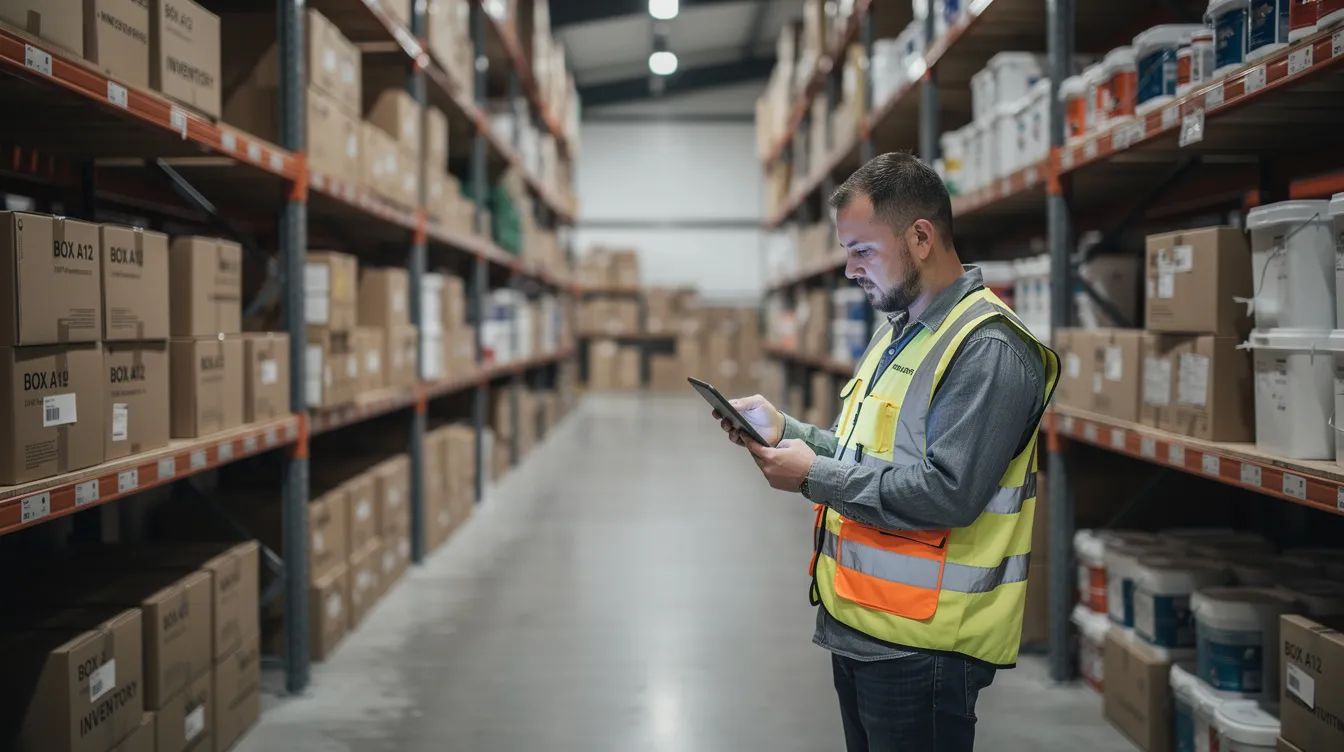 Entrepôt avec des étagères de produits et un employé qui utilise une tablette.