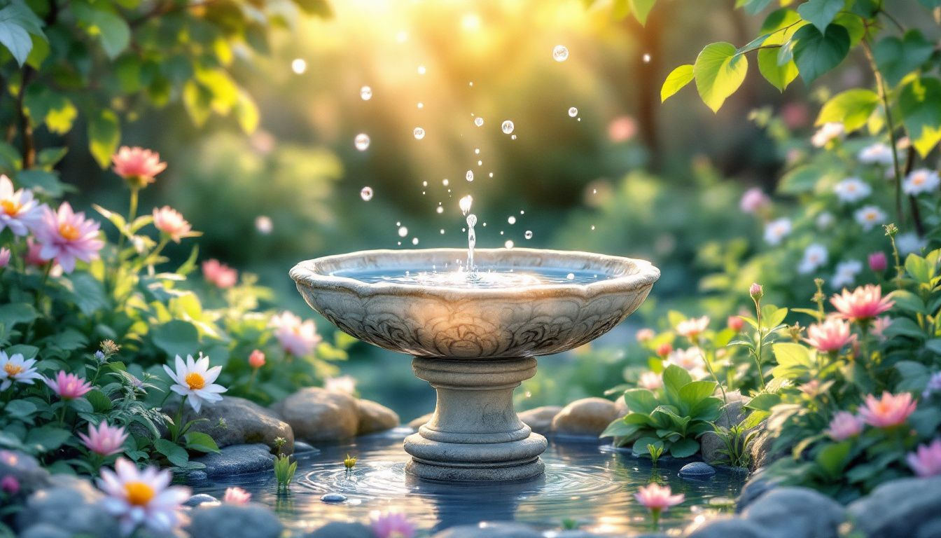 Close-up of popular features of a bird bath fountain.