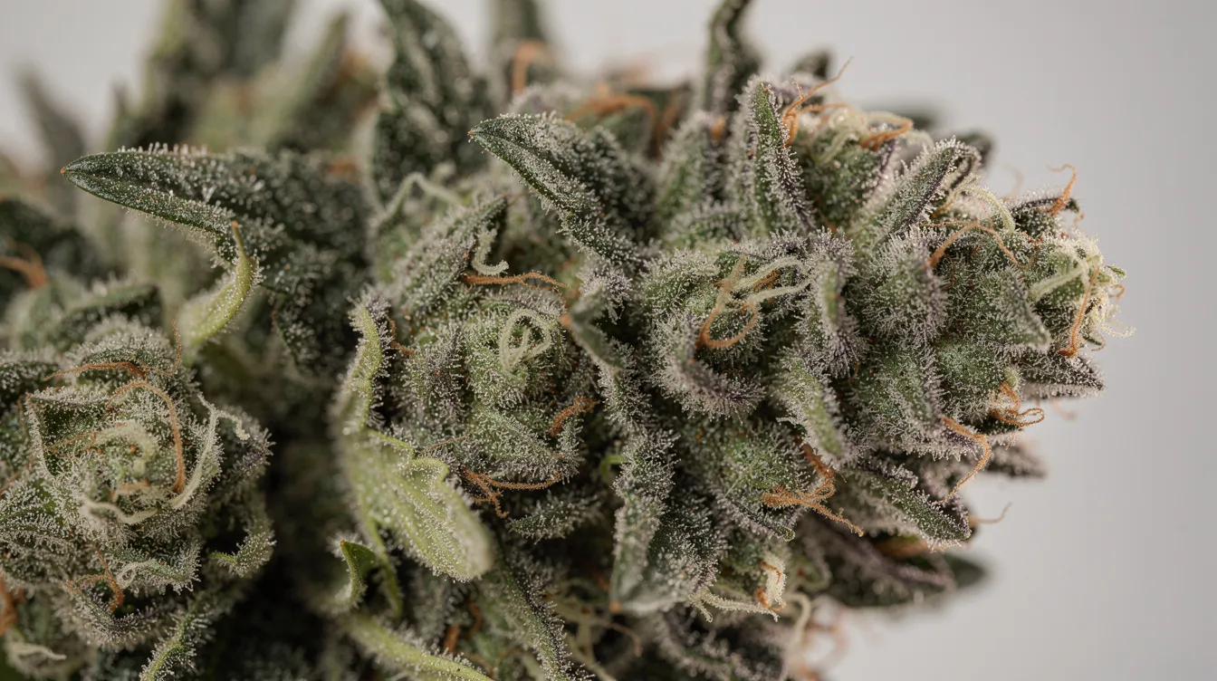 The image features a close-up of dense, frosty cannabis buds, showcasing their glistening trichomes under soft light. The vibrant colors and intricate details highlight the premium flower's quality, reminiscent of the galactic warheads strain with its tangy citrus notes and earthy undertones.