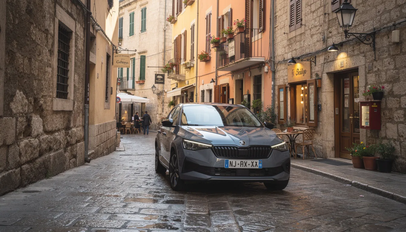 A compact rental car skillfully navigates a narrow cobblestone street in a charming European old town, showcasing its ability to maneuver in tight spaces. The scene captures the essence of a road trip adventure, where travelers can enjoy the city's historical atmosphere while planning their next destination.