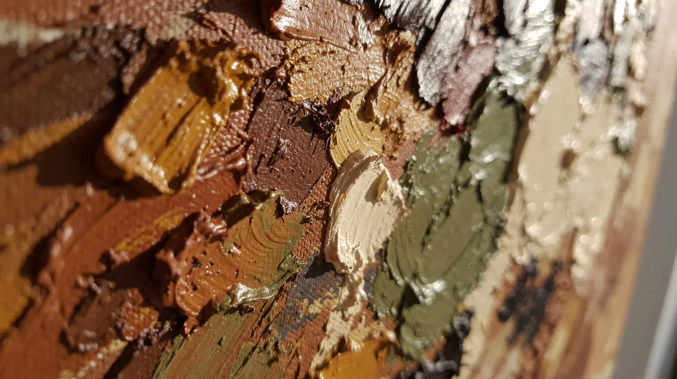 Närbild av en texturerad abstrakt tavla som visar tjocka lager av färg i jordnära toner. Denna abstrakta konstverk skapar ett unikt mönster och ger en känsla av djup och rörelse, perfekt för inredning i hemmet.