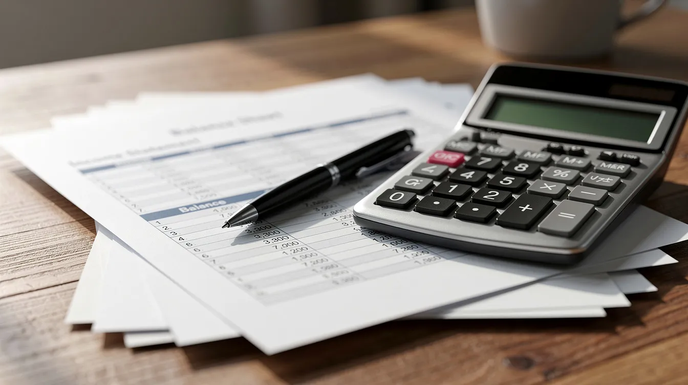 The image features a calculator positioned beside financial statements and a pen on a wooden desk, symbolizing the process of managing finances and calculating loans. This setup suggests a focus on financial planning and assessment, relevant for understanding concepts like 二線 財務 公司 and 清 數.