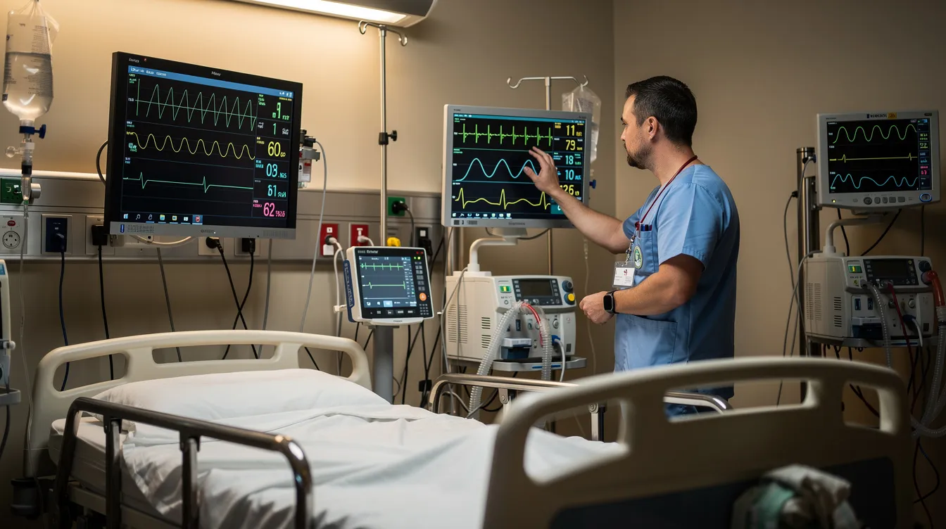 A medical professional is intently monitoring vital sign displays and various medical equipment in a hospital room, ensuring the patient's health is being properly managed. This scene highlights the critical role of healthcare providers in delivering safe medical treatment and the importance of addressing medical negligence cases.