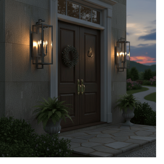 Cottage outdoor lighting ideas with modern lantern wall sconces flanking a front entry door.