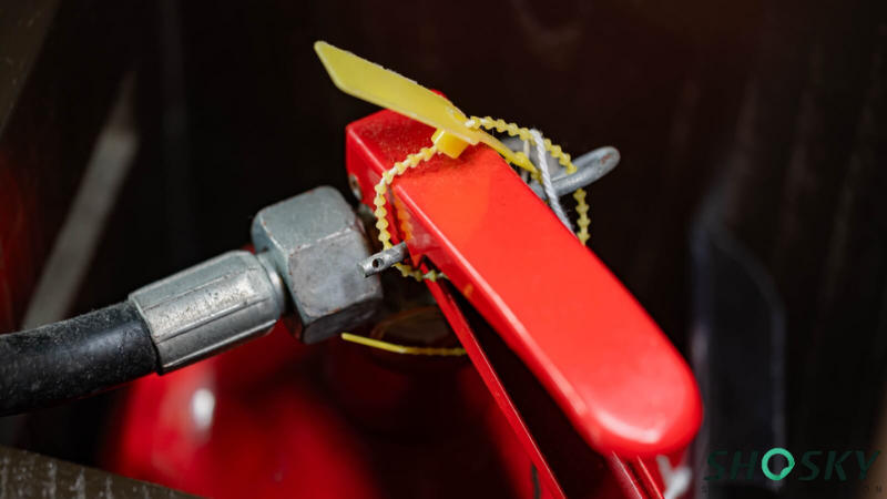 Yellow plastic beaded tamper seal securing the safety pin on a red fire extinguisher handle