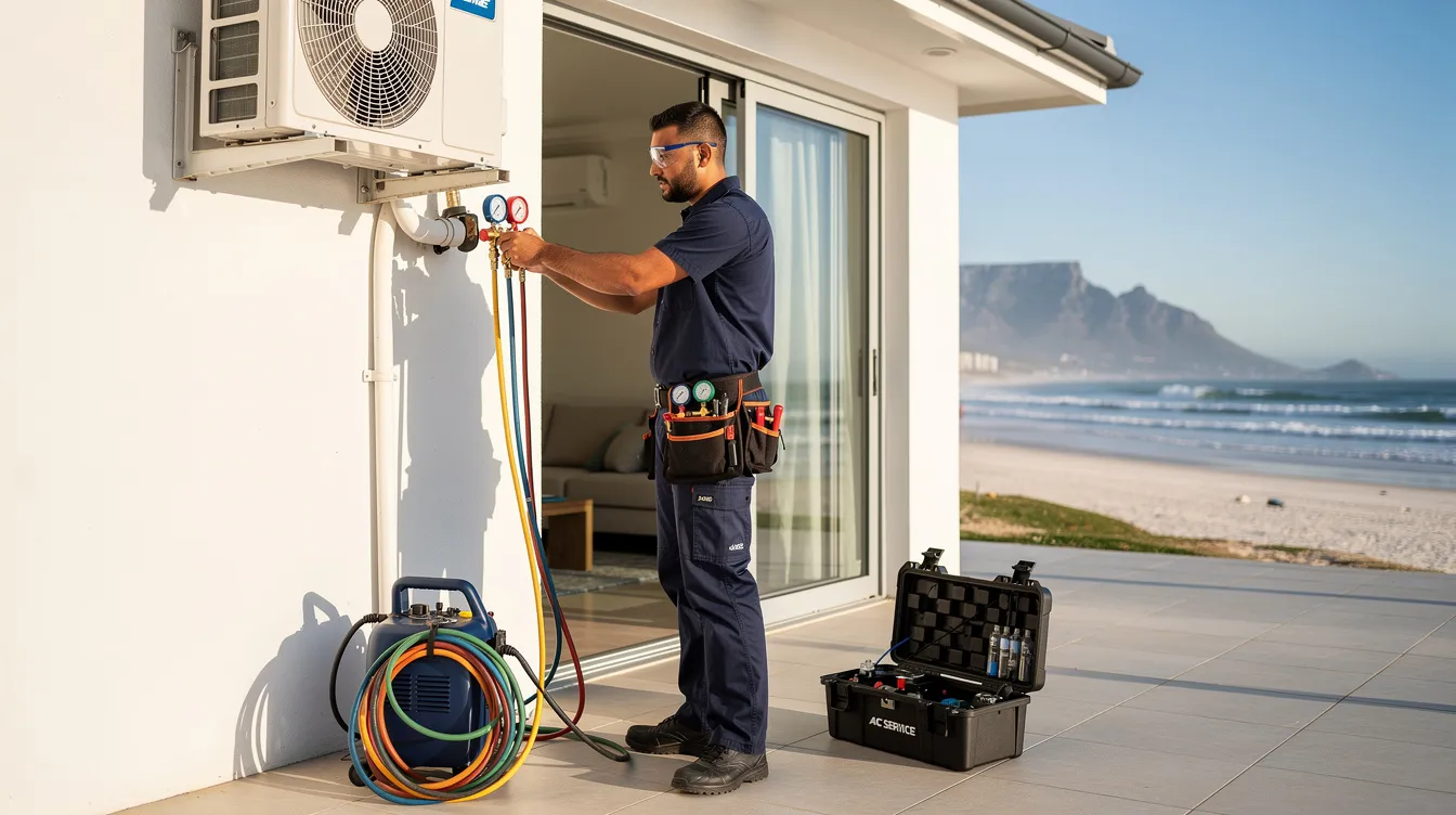An aircon regas technician is diligently servicing a split air conditioning system in Big Bay, Cape Town, ensuring that the air conditioner operates efficiently by checking and replacing refrigerant gas. The technician is focused on maintaining the system's performance to provide cold air during the summer months.