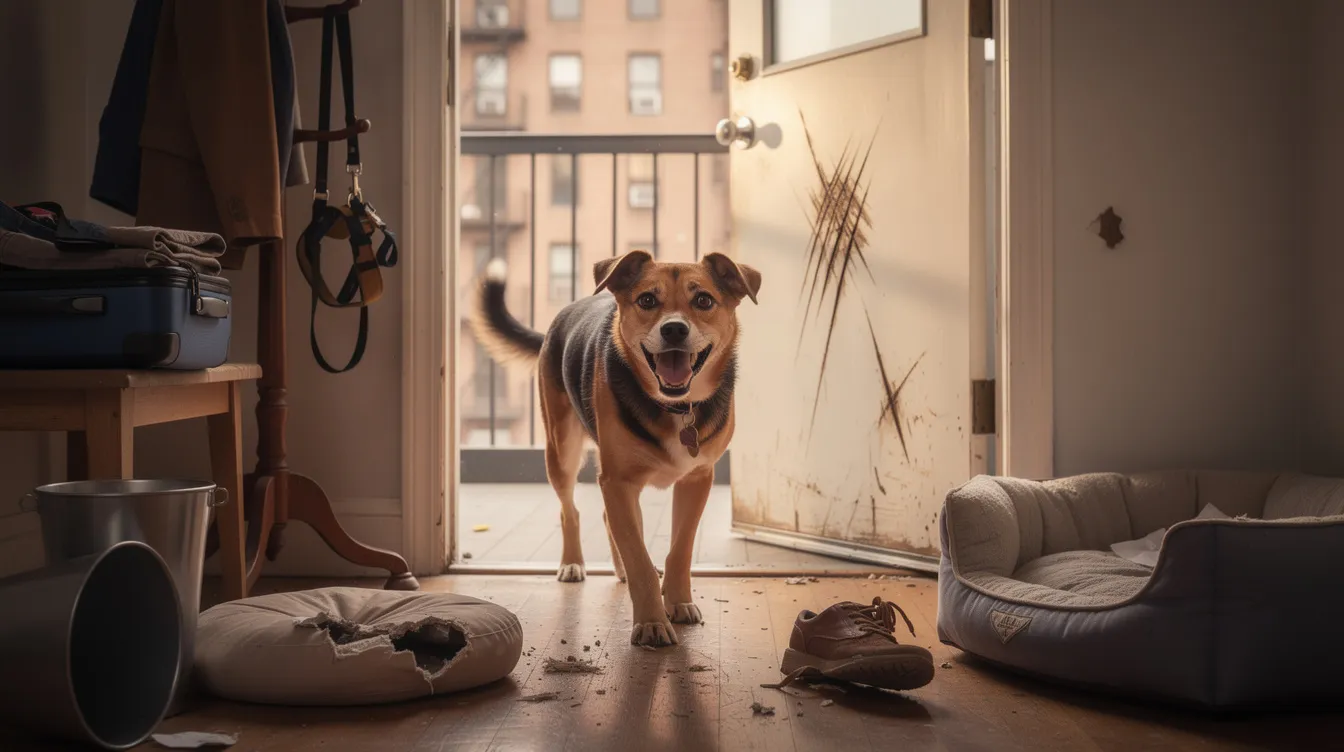 The image depicts a concerned dog sitting by the door, displaying signs of separation anxiety, such as excessive barking and anxious behaviors, while its owner prepares to leave. This scene highlights the emotional distress many dogs experience when faced with their owner's departure, emphasizing the importance of understanding and treating canine separation anxiety.