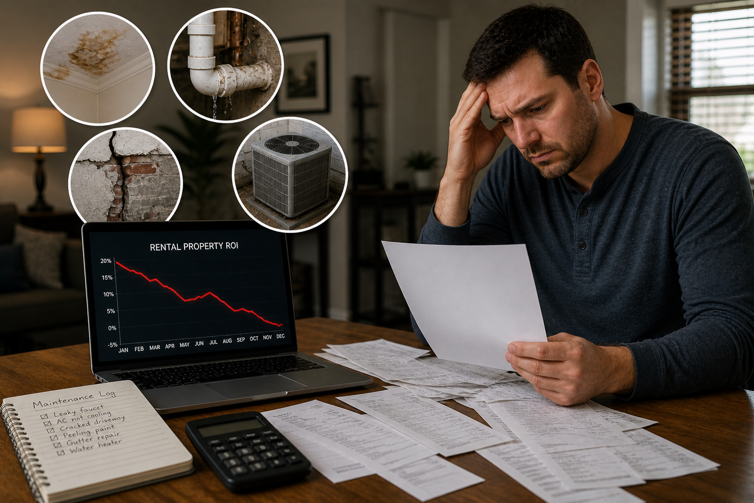 Property owner reviewing maintenance expenses at a desk with receipts and reports, highlighting how seasonal inspections help control routine maintenance costs and prevent larger repair issues
