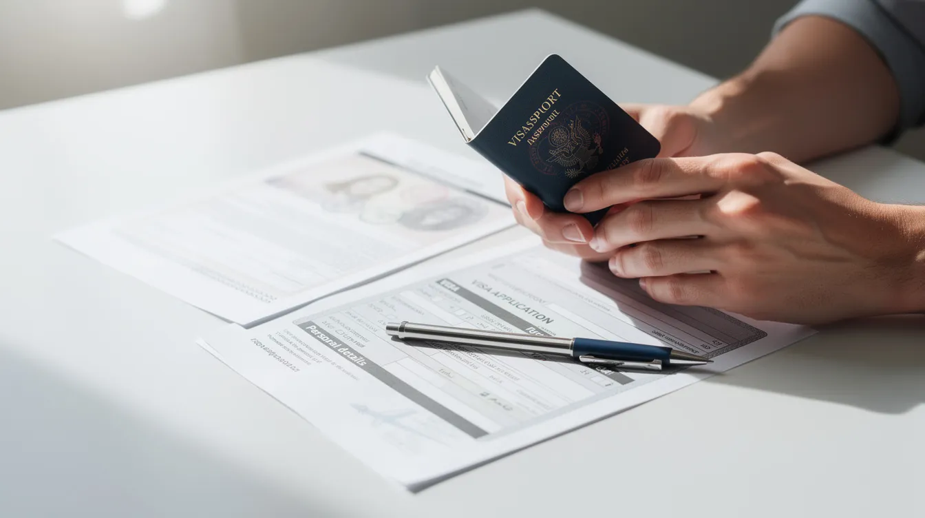 A close-up image shows hands holding a passport next to printed visa application documents, emphasizing the importance of tracking visa status and checking the submitted application for updates. The passport number is visible, highlighting the connection between the documents and the visa process.