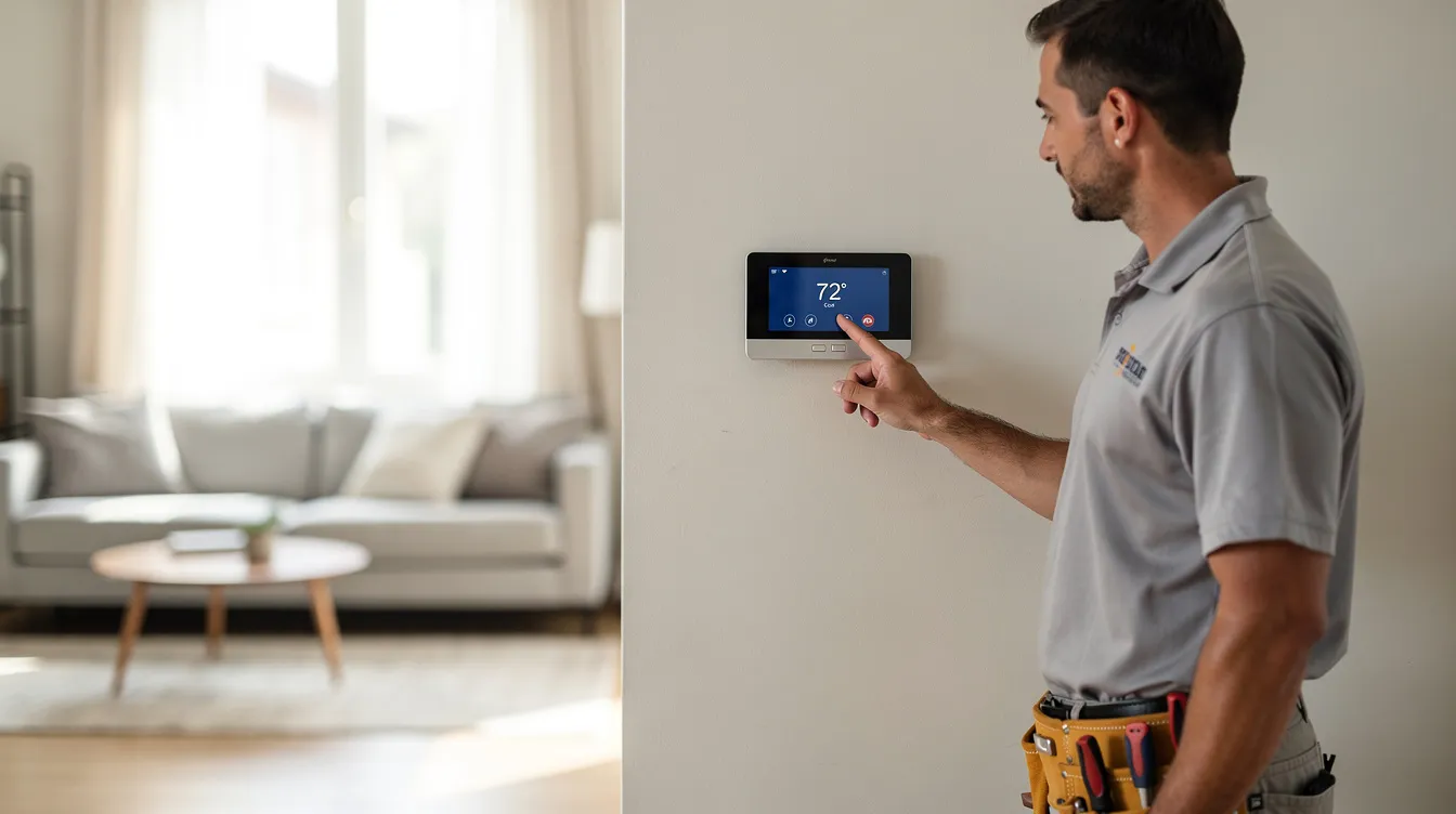 Trane ComfortLink II communicating thermostat mounted on a living room wall, providing precise control over temperature and humidity for enhanced comfort and energy savings.