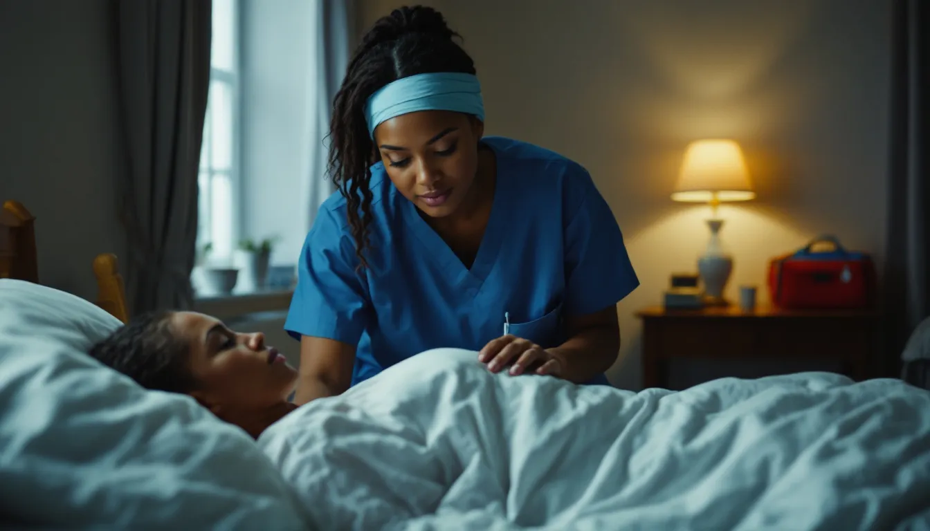 A depiction of a midwife assisting a laboring woman in an emergency situation at home.