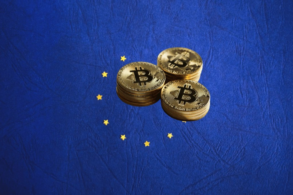 European Union flag with bitcoin symbols