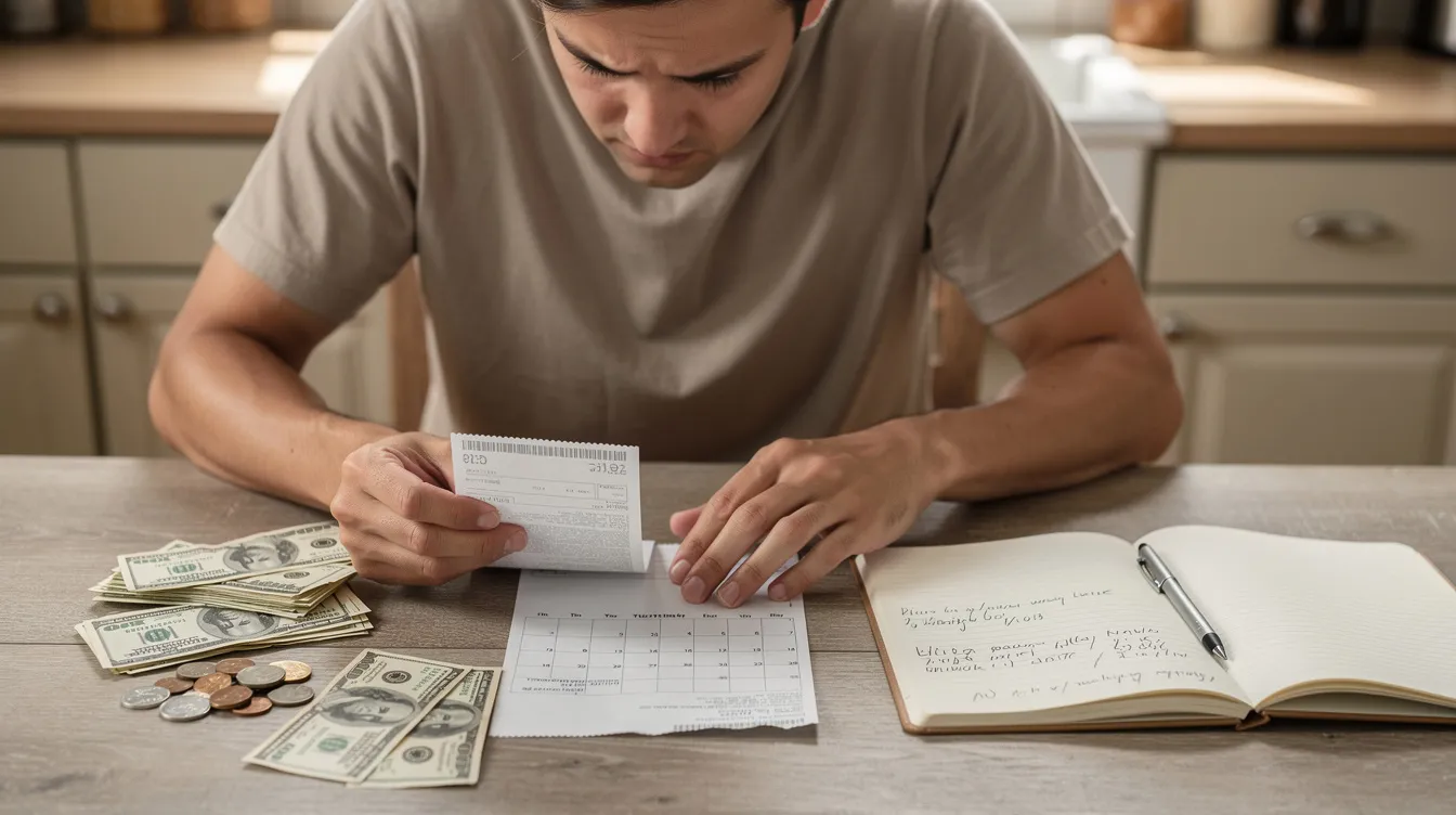 A person sits at a kitchen table, reviewing bills and a calendar, with cash and a notebook nearby, indicating a focus on financial health and planning for upcoming loan payments. This scene captures the essence of managing personal finances, possibly in preparation for summer financial aid or upcoming educational expenses.