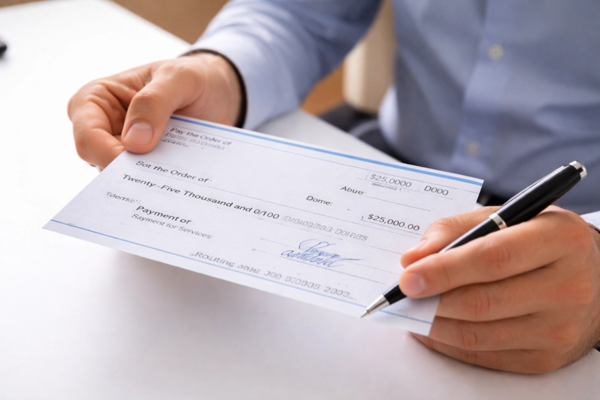 A person in a blue shirt is writing on a check for twenty-five thousand dollars with a black pen.