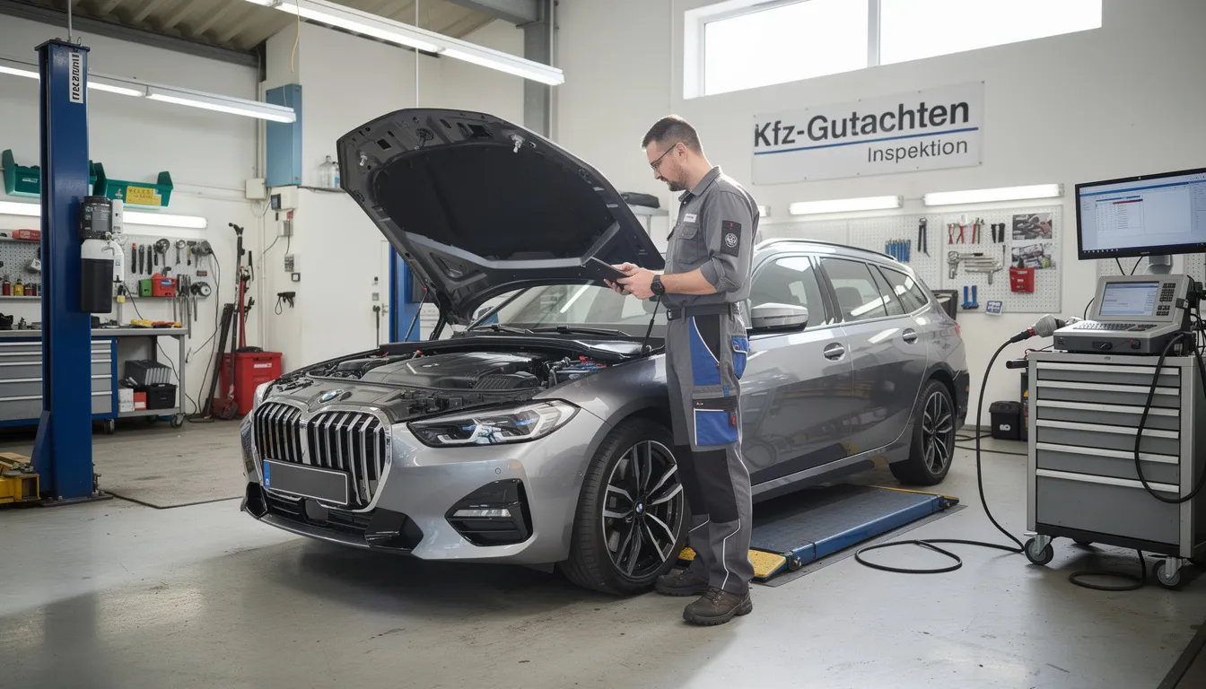 Ein Kfz-Sachverständiger führt eine gründliche Inspektion eines Fahrzeugs in einer Werkstatt durch, um mögliche Schäden zu bewerten und ein Kfz-Gutachten zu erstellen. Diese professionelle Begutachtung ist essenziell für die Schadensregulierung im Falle eines Unfalls und wird von Experten in Düsseldorf angeboten.