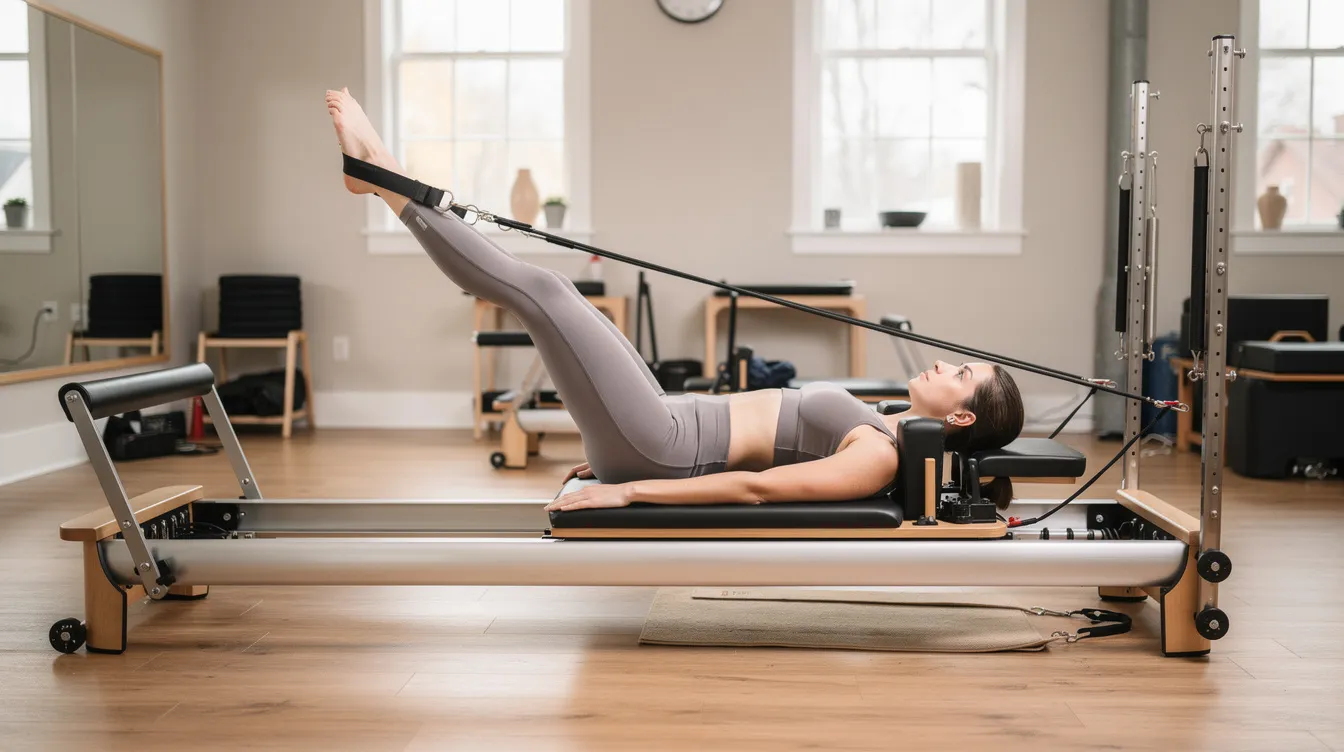 Eine Person führt auf einem Pilates-Reformer-Gerät eine kontrollierte Beinübung aus, die die Körpermitte stärkt und die Bewegungsabläufe optimiert. Diese Übung kombiniert Elemente von Pilates und fördert die Einheit von Körper, Geist und Seele durch gezielte Atmung und Achtsamkeit.