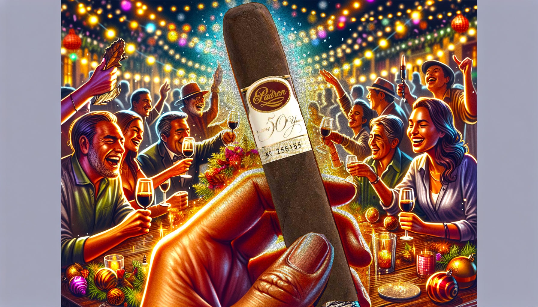 A celebratory scene with Padron cigars, featuring a blurred background of a festive gathering.