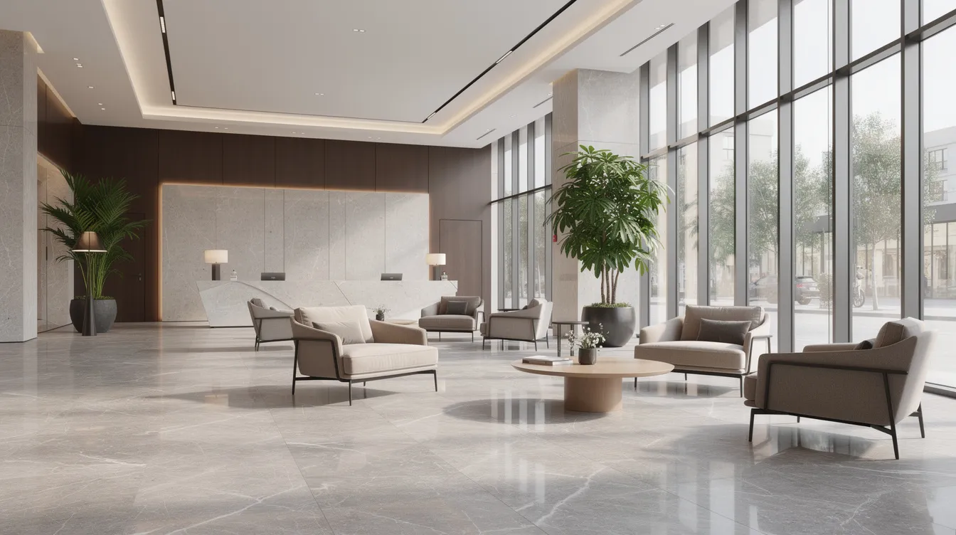 The image features an elegant commercial lobby showcasing large format stone-look porcelain floors, which provide a timeless and durable surface ideal for high traffic areas. Contemporary seating arrangements complement the space, enhancing its modern style and easy maintenance appeal.