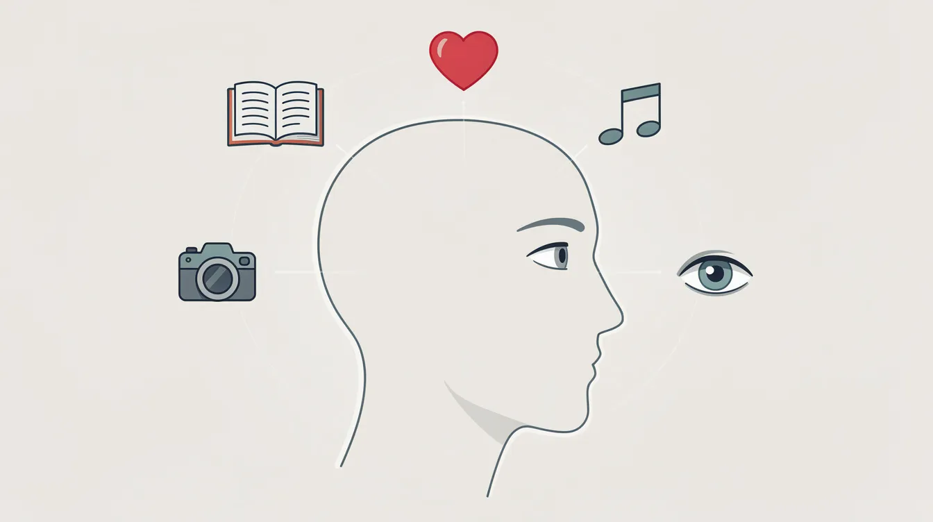 Das Bild zeigt einen stilisierten menschlichen Kopf im Profil, umgeben von schwebenden Symbolen wie einem Herz, einem aufgeschlagenen Buch, einer Kamera, einer Musiknote und einem Auge, die verschiedene Einflussfaktoren der Subjektivität darstellen. Diese Symbole repräsentieren die Vielfalt an Meinungen, Erfahrungen und Gefühlen, die unsere Sichtweise prägen.