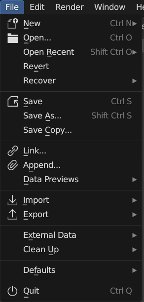 Screenshot of the File menu in Blender's topbar, displaying options like New, Open, Save, Link, Append, Import, Export, External Data, Clean Up, Defaults, and Quit with associated keyboard shortcuts.