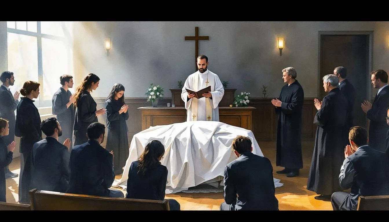 Ein Bild von einer christlichen Bestattungszeremonie, die die Rituale und Traditionen zeigt.