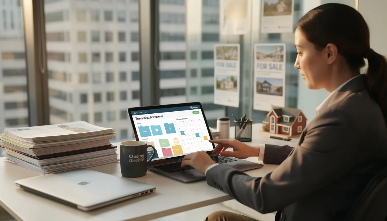A real estate agent is focused on using a tablet to manage transaction documents and deadlines, utilizing essential tools from their real estate tech stack to enhance client relationships and improve efficiency in the sales process. The agent is engaged in task tracking and client communications, ensuring a smooth experience in real estate transactions.