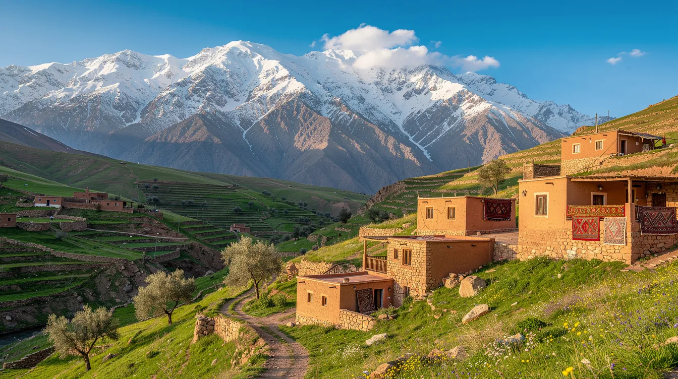 The image showcases the snow-capped Atlas Mountains rising majestically in the background, while green valleys and traditional Berber houses are visible in the foreground, capturing the essence of spring in Morocco. This picturesque scene highlights the beauty of local communities and the rich cultural immersion that travelers can experience in this region.
