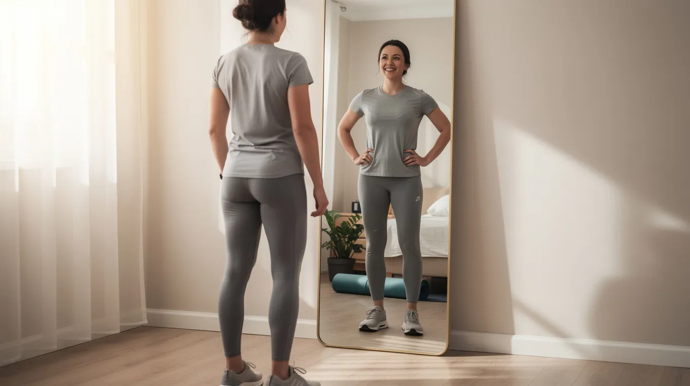 A confident person stands in front of a mirror, dressed in casual workout clothes, with a positive expression as they admire their reflection, possibly after undergoing body contouring procedures. The well-lit room highlights their transformation, showcasing their enhanced body shape and the results of their weight loss journey.