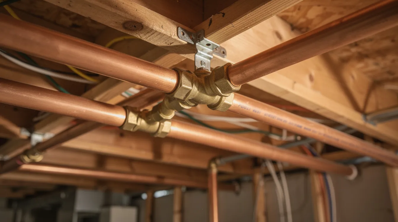 A close-up view of copper and PEX water supply pipes is shown running through the ceiling of an unfinished basement, highlighting the existing plumbing system. The image captures the different materials used, including the copper pipes and PEX tubing, which are essential for maintaining proper water flow and pressure in older structures.