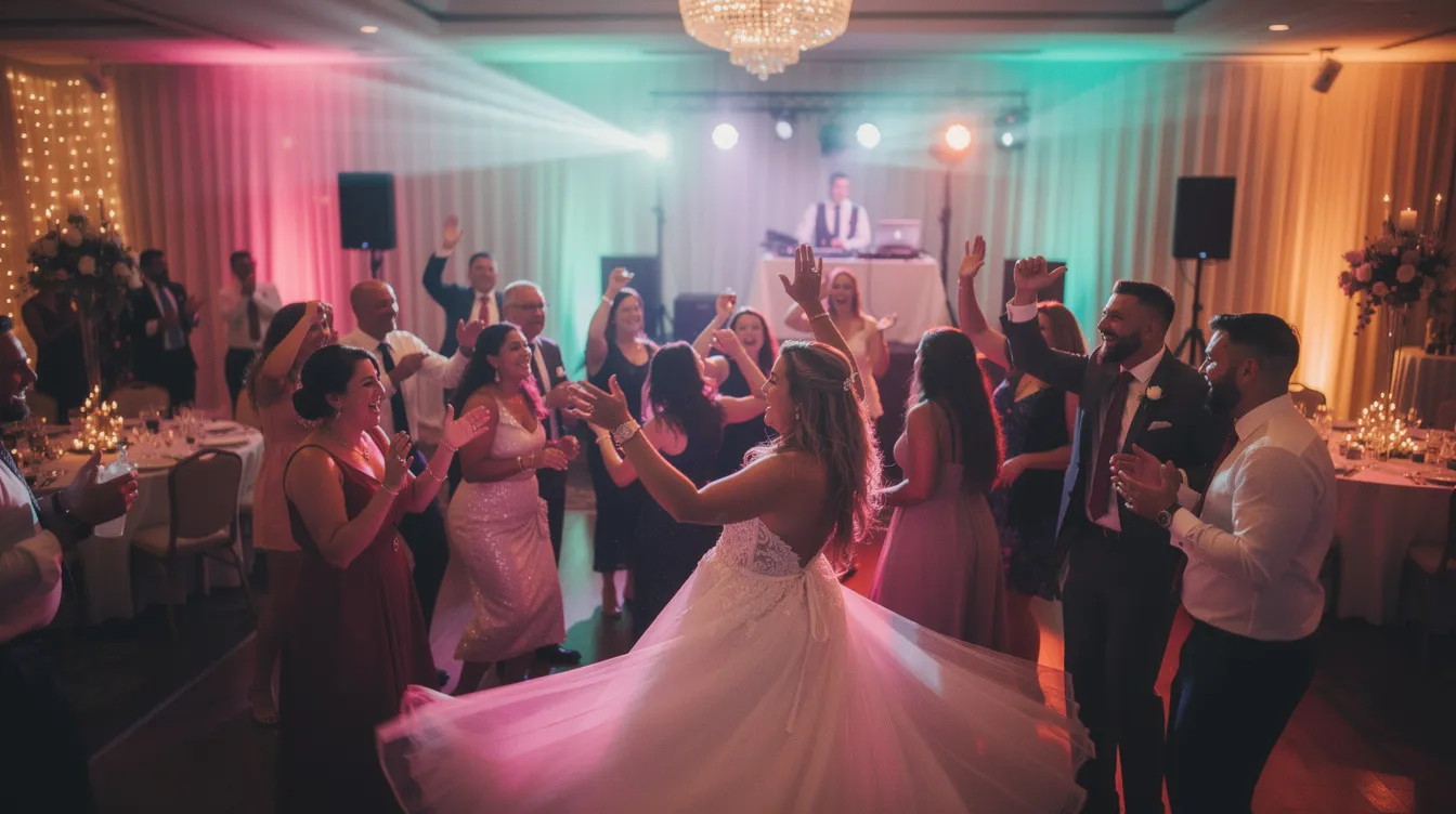 The image captures a vibrant wedding dance floor filled with guests joyfully dancing under colorful uplighting, creating an energetic atmosphere. The scene is alive with the sounds of upbeat indie wedding songs, making it a perfect backdrop for celebrating love and togetherness.