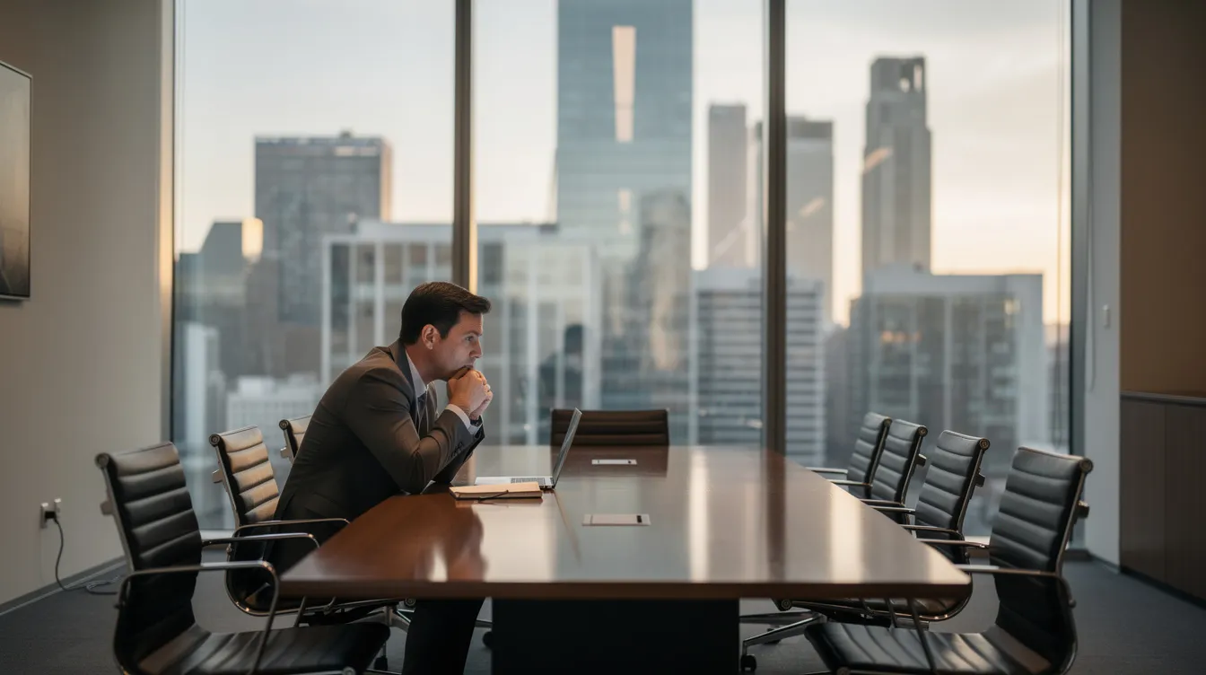Un manager pensif se tient dans une salle de réunion, face à une grande baie vitrée offrant une vue sur la ville. Cette image évoque l'importance de la prise de décision et du développement de l'autonomie au travail au sein d'une équipe, soulignant ainsi le rôle crucial du management dans l'engagement des collaborateurs.