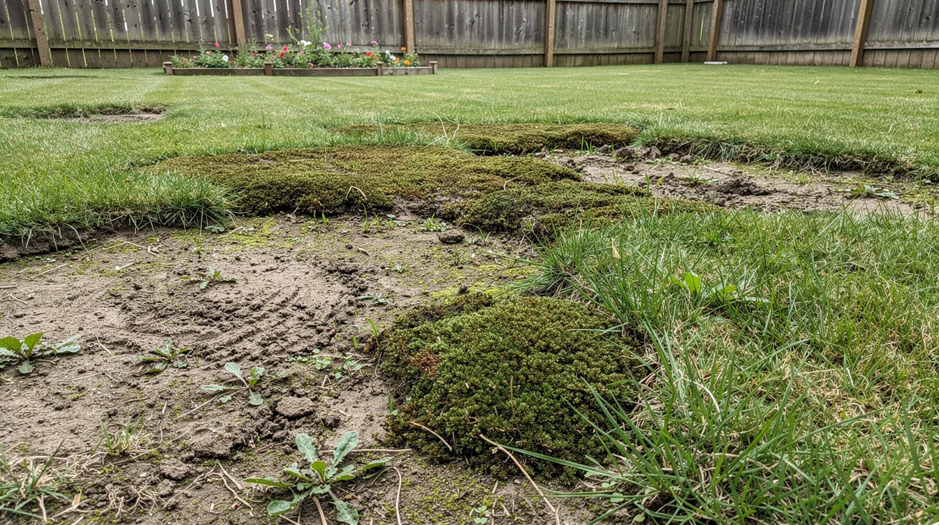 The image depicts a home garden lawn featuring a mix of green grass recovering, bare patches, and mossy areas, indicating a need for lawn renovation. The existing grass blades show signs of new growth, while the soil surface appears uneven, suggesting recent efforts to improve the lawn's health through seeding and proper lawn care.
