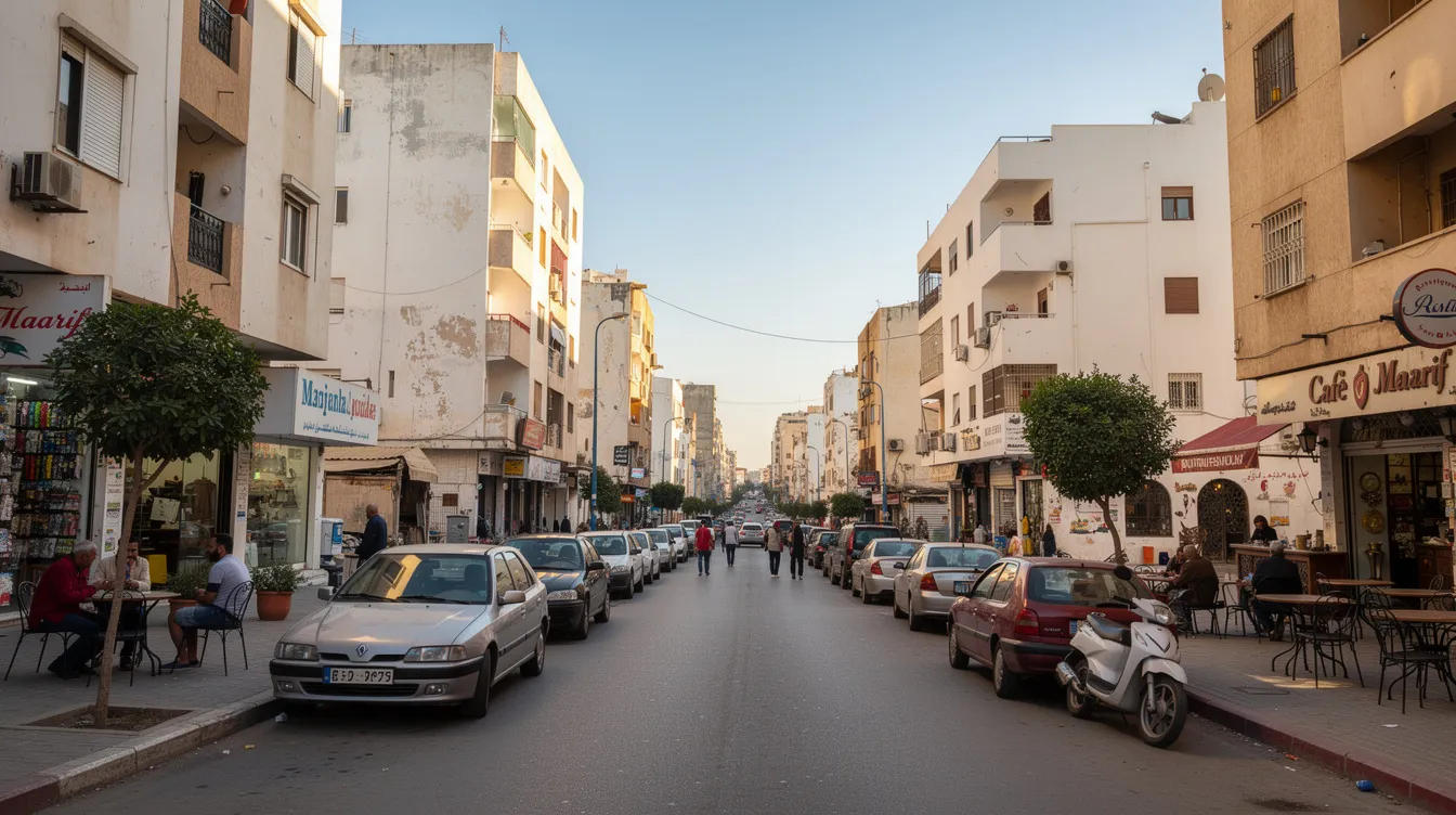 Une rue animée du quartier Maarif à Casablanca, bordée de voitures garées le long de divers commerces et cafés, reflète l'effervescence de la ville. Ce cadre urbain est idéal pour ceux qui cherchent à louer une voiture à Casablanca et explorer ses environs.