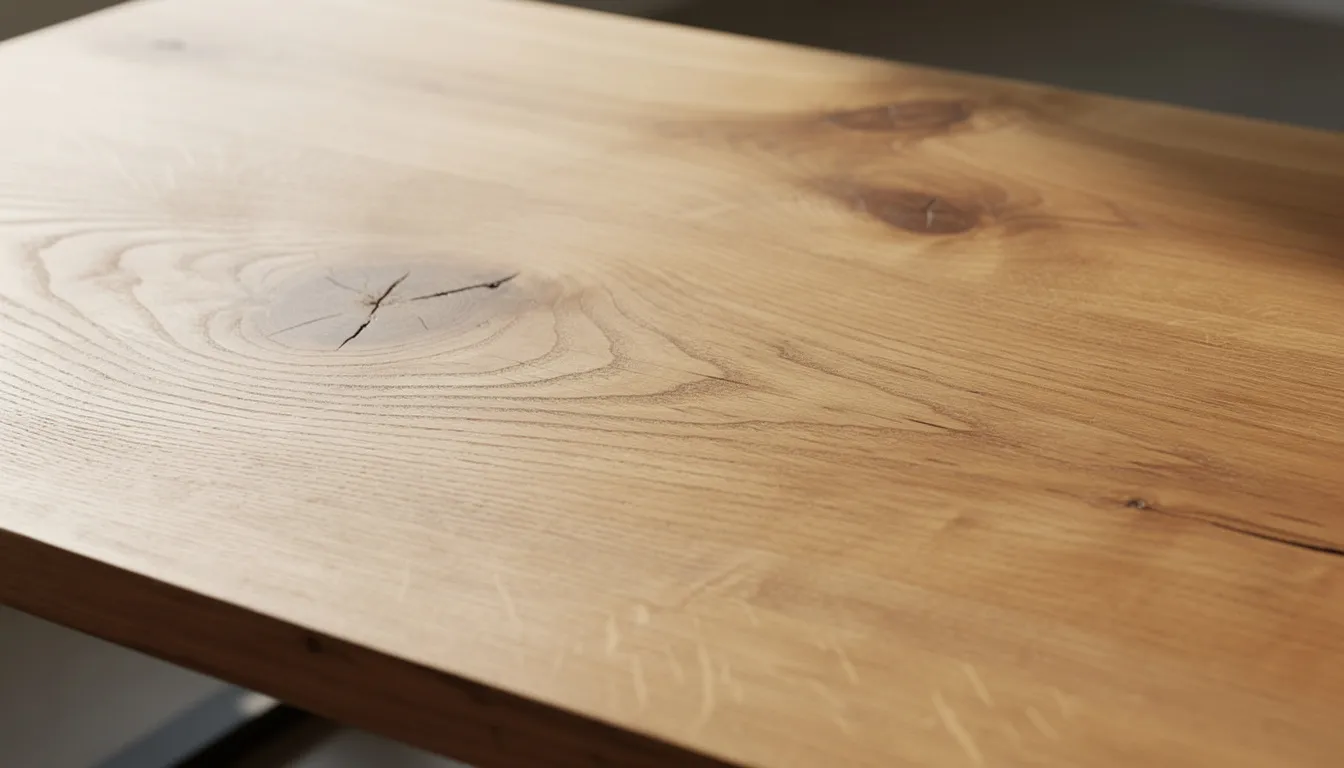 Close-up van een massief eiken tafelblad met een natuurlijke houtnerf en warme tinten, wat een gezellige sfeer uitstraalt. De ovale vorm van de tafel maakt het gemakkelijk om met elkaar te converseren en creëert een intieme setting voor diners.