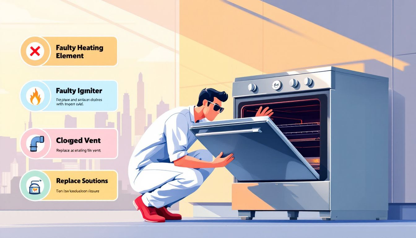 Common Bosch oven issues and solutions illustrated with a technician diagnosing an oven.