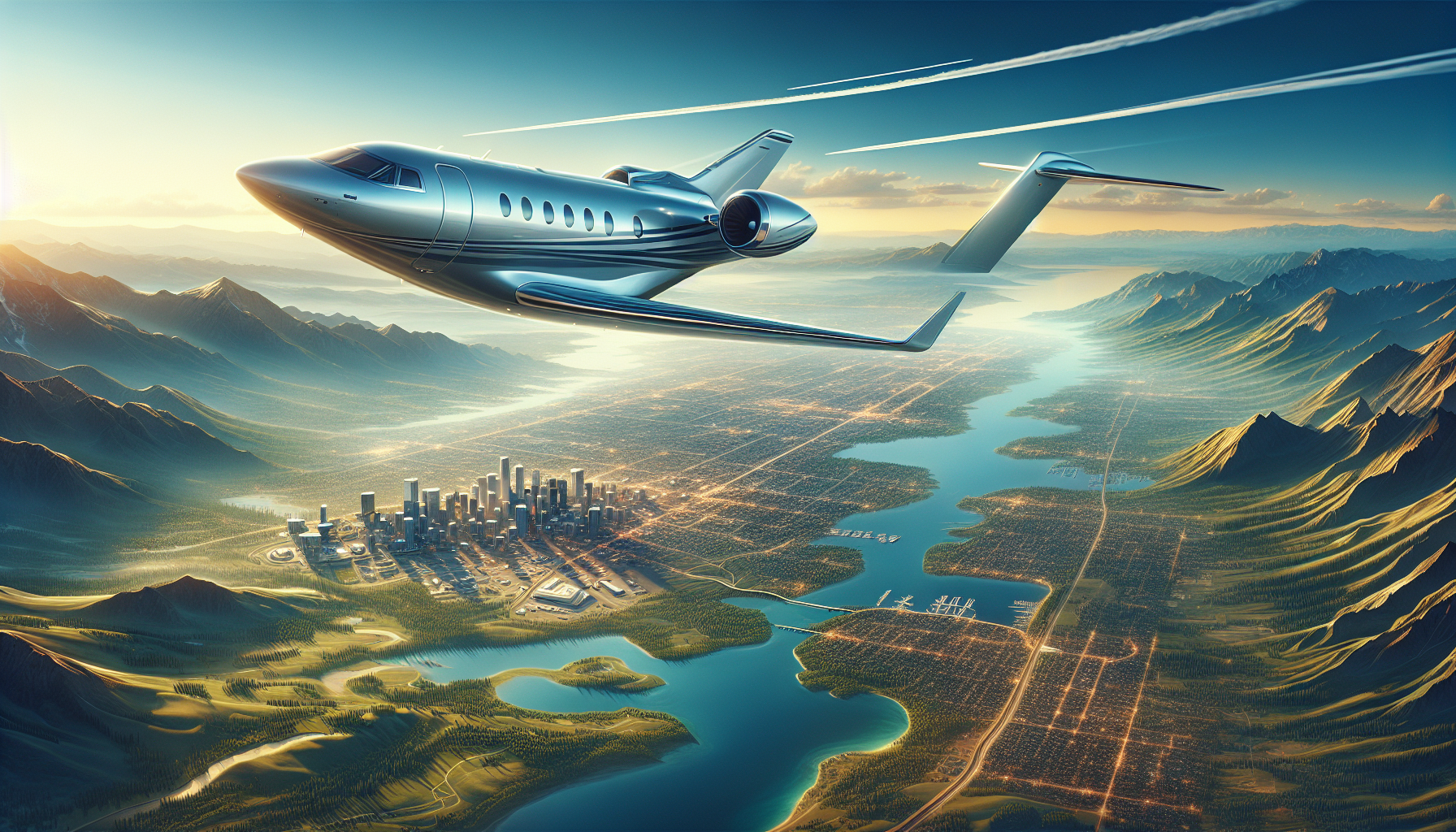 A stylish illustration of a private jet flying over the Salt Lake Valley