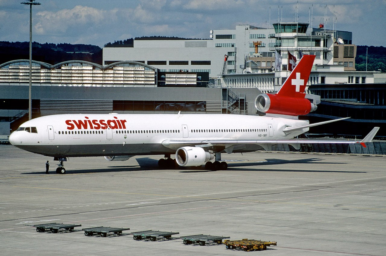 Swissair aircraft standing at an airport.