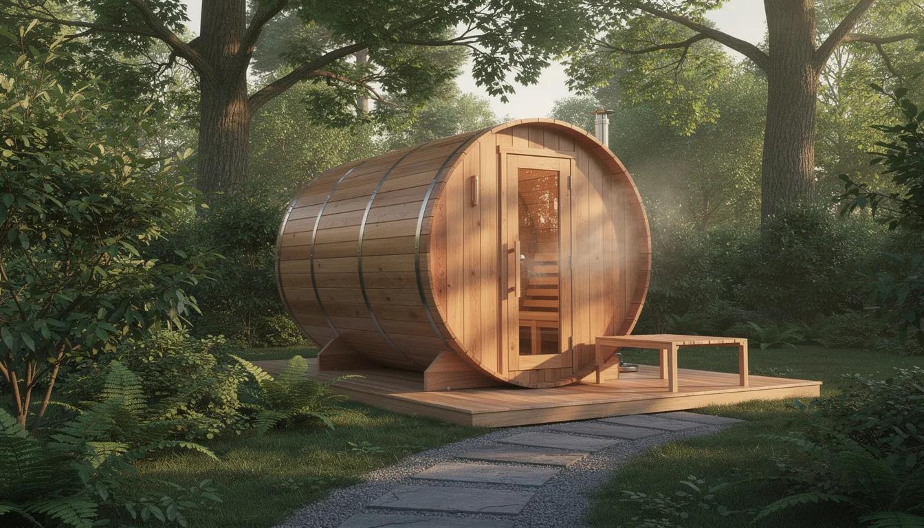 A wooden barrel sauna is nestled in a lush backyard, surrounded by vibrant trees and greenery, creating a serene outdoor retreat for relaxation. This outdoor sauna offers a perfect space for stress relief and improved circulation, showcasing the beauty of a natural setting while highlighting the appeal of home sauna installations.