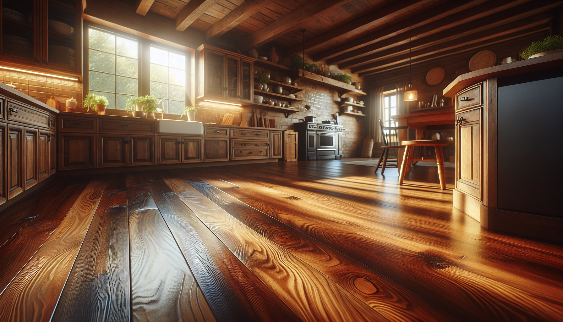 Beautiful hardwood flooring in a renovated kitchen